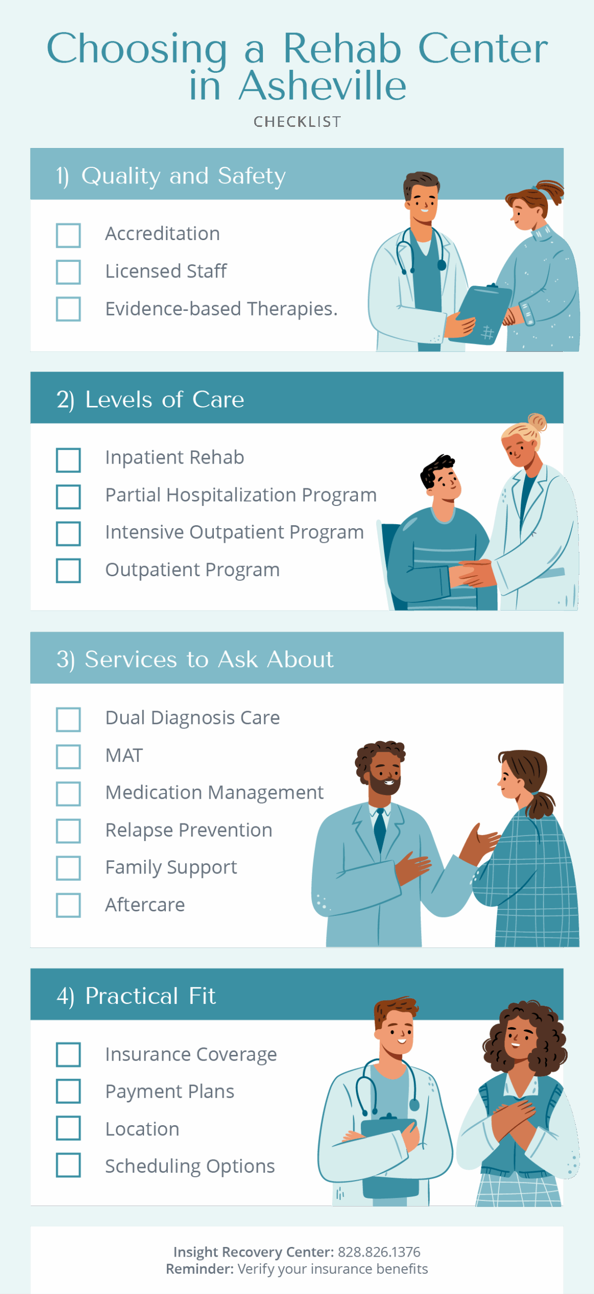 Checklist for choosing a rehab center covering quality and safety, levels of care, key services to ask about, and practical considerations like insurance and scheduling.